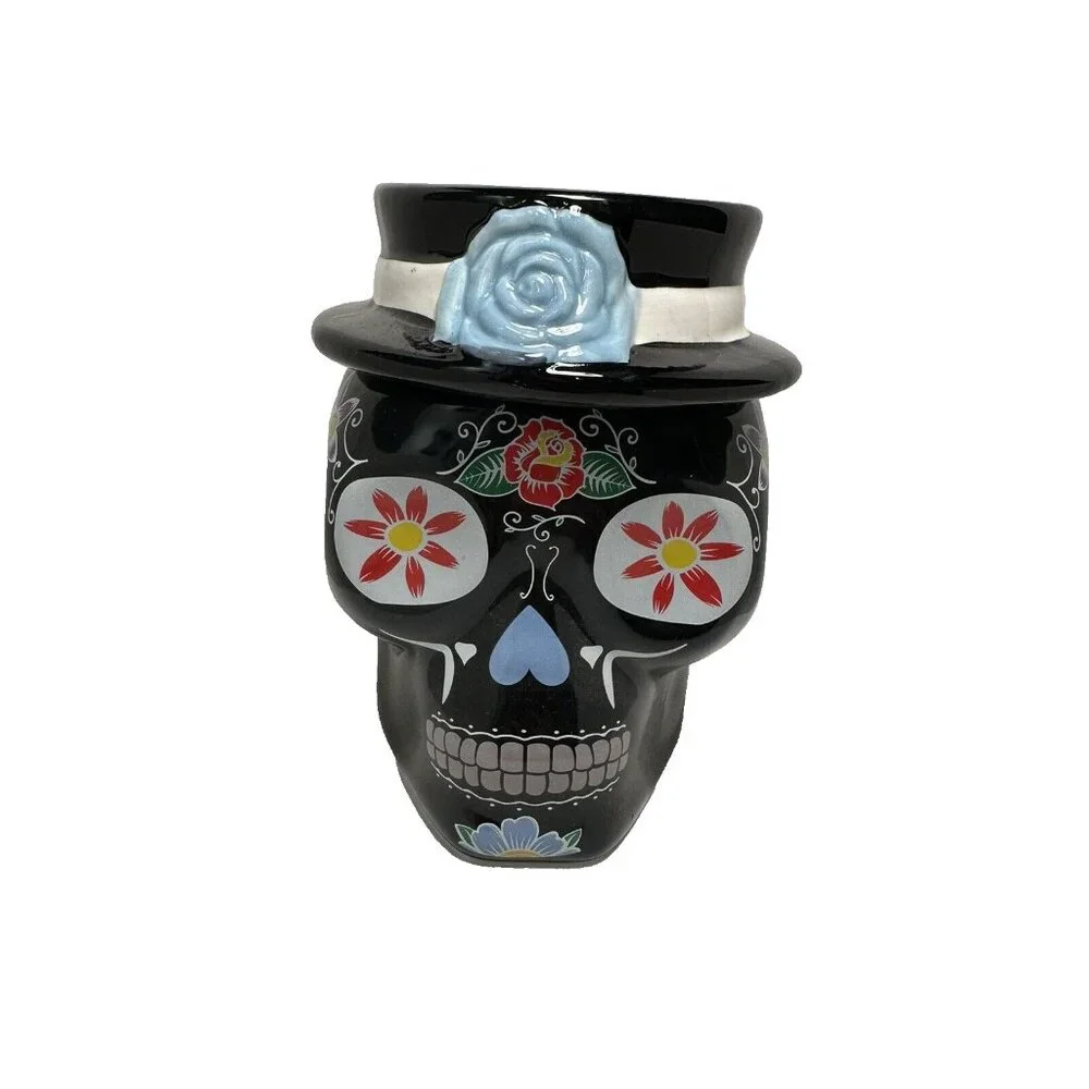 Day of the Dead Sugar Skull Ceramic Cookie Jar Black‎ Top Hat Floral